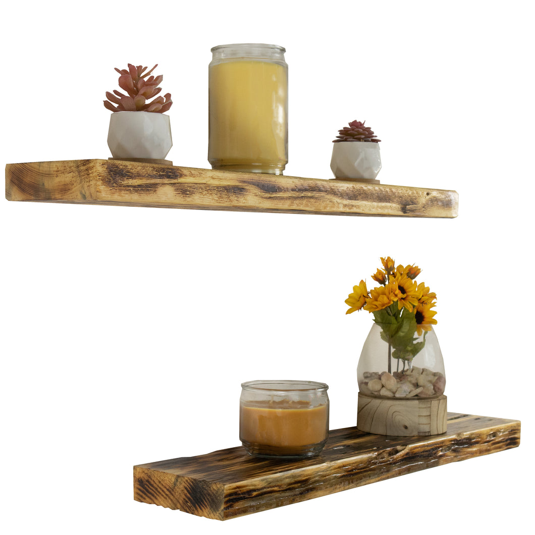 Rustic Wood Floating Shelves, Distressed Pine in Natural Burnt color Poly Sealed, 24